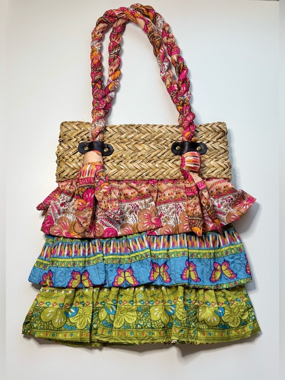 Capelli Straw Ruffle Tote Shoulder Bag NWOT Boho Beach Resort